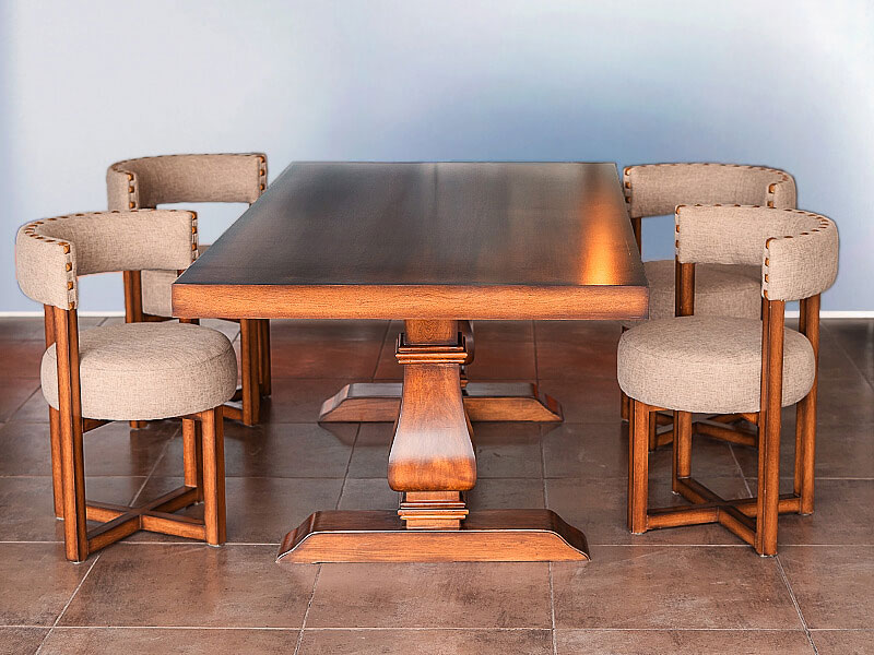 Juego de sillas y mesa moderono y elegante. mesa rectangular sillas redondas tapizadas patas madera